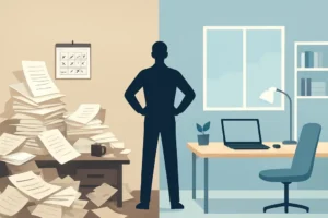 ai productivity tools - A person standing confidently at the edge of a bright, organized workspace, overlooking a