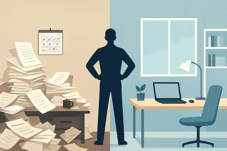 ai productivity tools - A person standing confidently at the edge of a bright, organized workspace, overlooking a