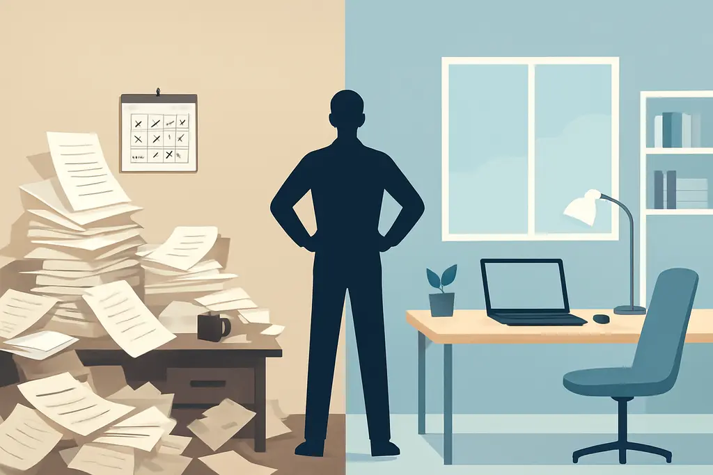 ai productivity tools - A person standing confidently at the edge of a bright, organized workspace, overlooking a