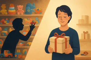 AI shopping assistant - A busy parent shopping in a chaotic toy store transforms into a serene moment with a perfectly