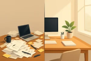 AI tools for small business - A transitioning workspace showing a cluttered desk on one side and an organized,