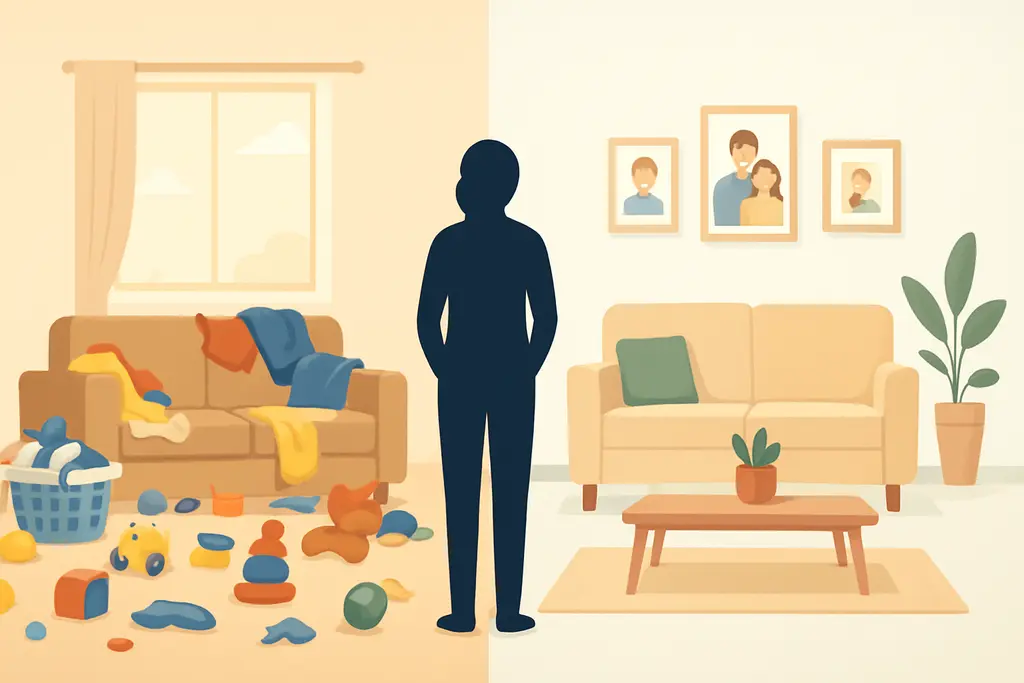 automate daily tasks - A parent stands at a crossroads, one path leading to a messy living room with toys and laundry,