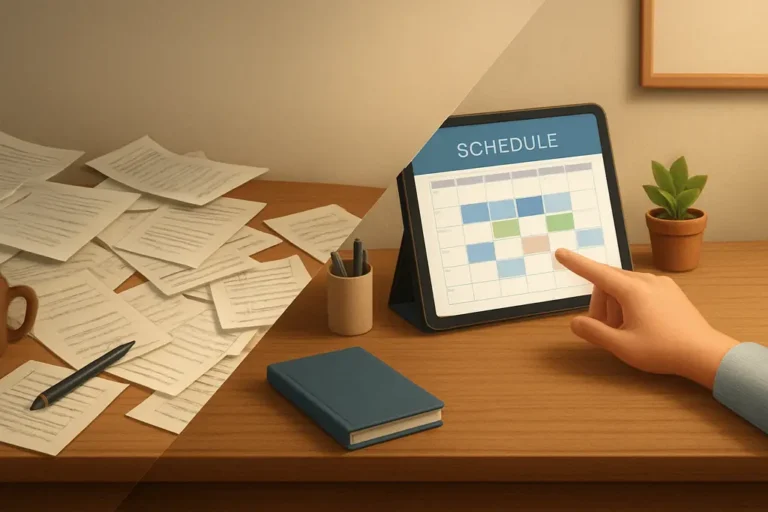 best AI tools 2026 - A busy parent transitioning from a cluttered desk of paperwork to a clean, organized workspace