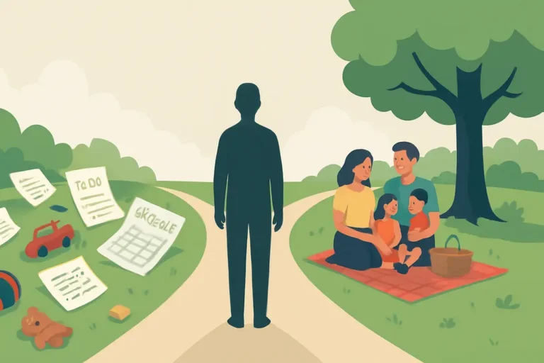 best AI tools for busy parents - A silhouette of a busy parent standing at a fork in the road, with one path leading to
