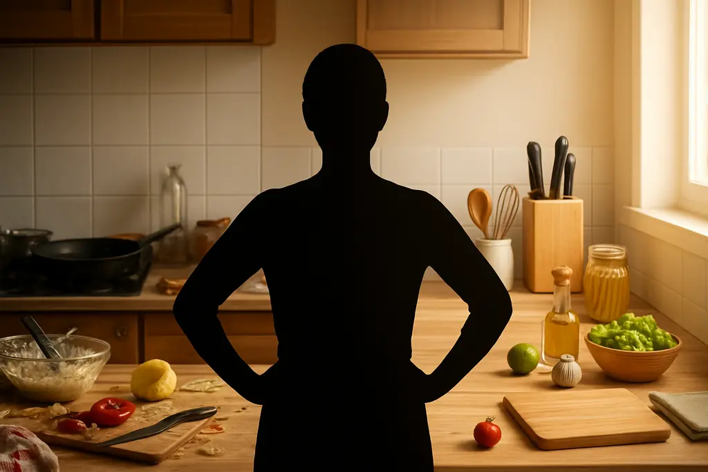 best AI tools for busy parents - A parent confidently organizing a lively kitchen, showcasing the transition from