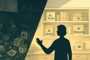 Best AI tools for everyday use - A parent navigating through a messy, cluttered kitchen filled with various