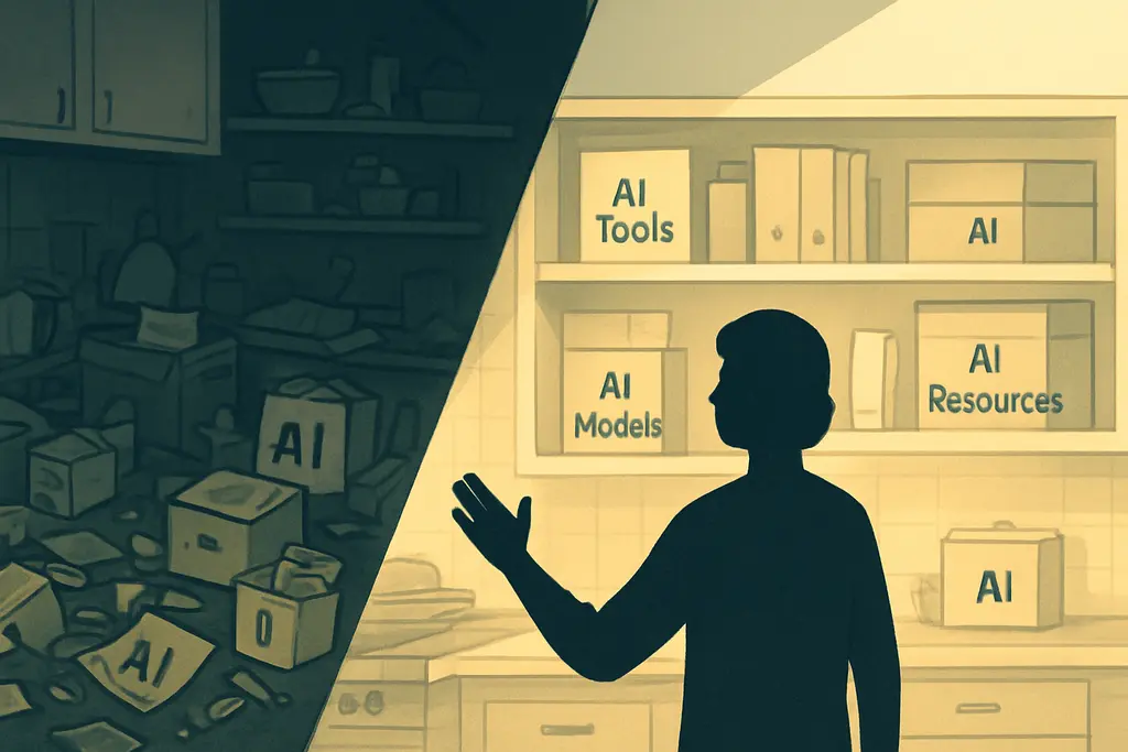 Best AI tools for everyday use - A parent navigating through a messy, cluttered kitchen filled with various