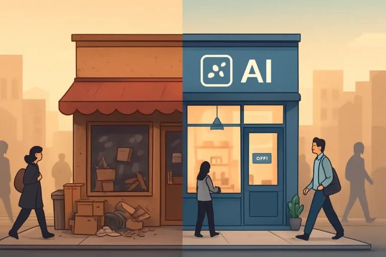 best AI tools for small businesses - A small business storefront evolving from a humble, cluttered space to a sleek, org
