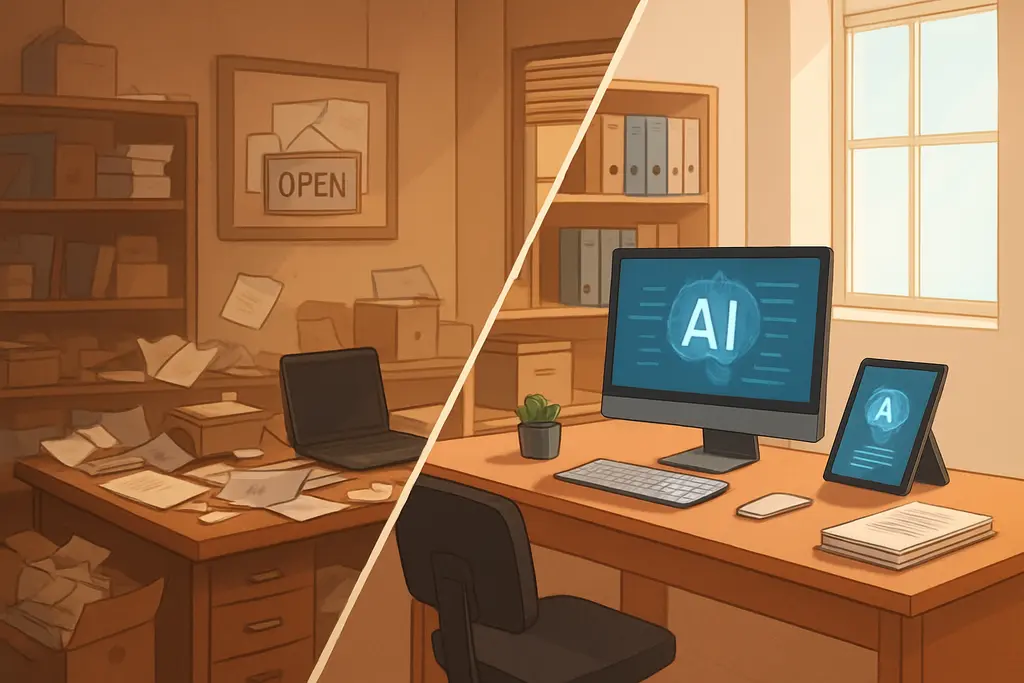 small business AI tools - A small business store transitioning from disarray to organized efficiency, capturing the
