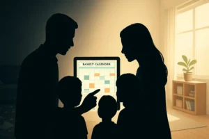AI evaluation tools for busy parents - A family silhouette gathered around a tablet showcasing a well-organized family