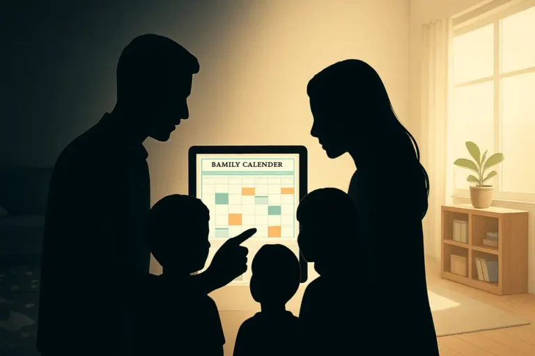 AI evaluation tools for busy parents - A family silhouette gathered around a tablet showcasing a well-organized family