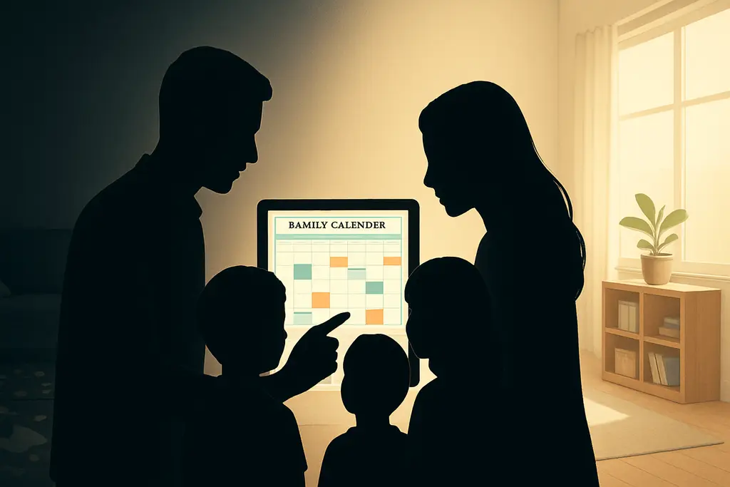 AI evaluation tools for busy parents - A family silhouette gathered around a tablet showcasing a well-organized family