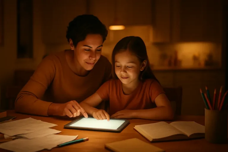 AI homework help - A busy parent guiding their child through homework with the assistance of a glowing tablet,