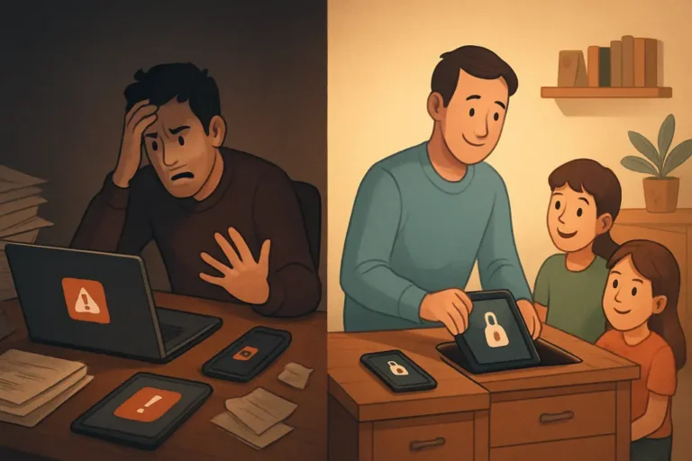 AI privacy - A family's digital interaction shifting from chaos over privacy concerns to a calm moment of control and
