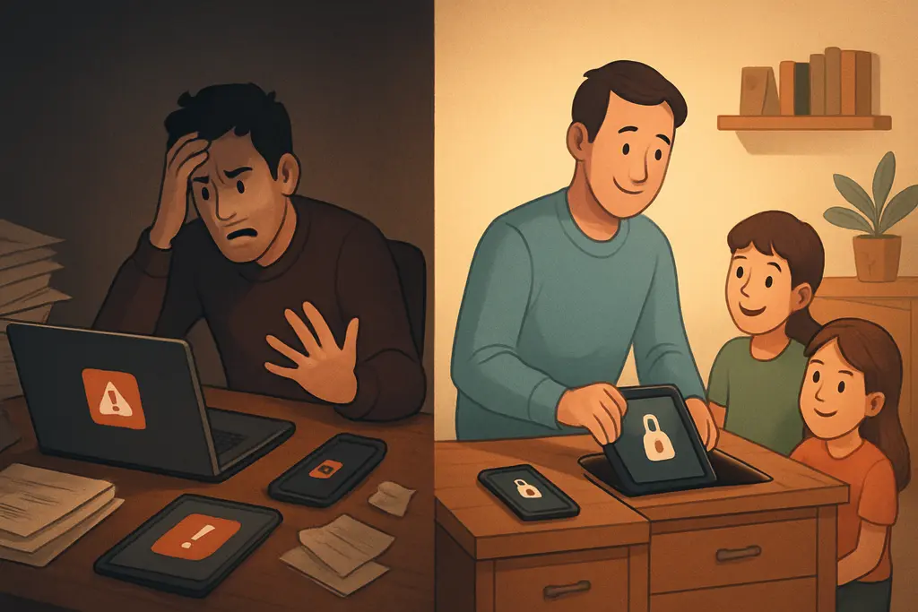 AI privacy - A family's digital interaction shifting from chaos over privacy concerns to a calm moment of control and