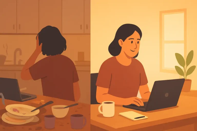 AI productivity hacks - A busy parent transitioning from a chaotic morning routine to a serene workspace, illustrating