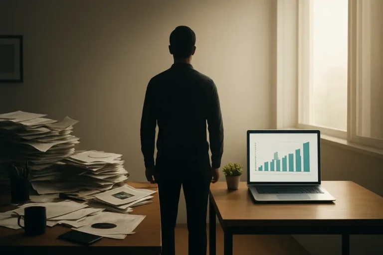 AI productivity tools - A worker moving from a cluttered desk filled with paperwork to a clean, organized workspace