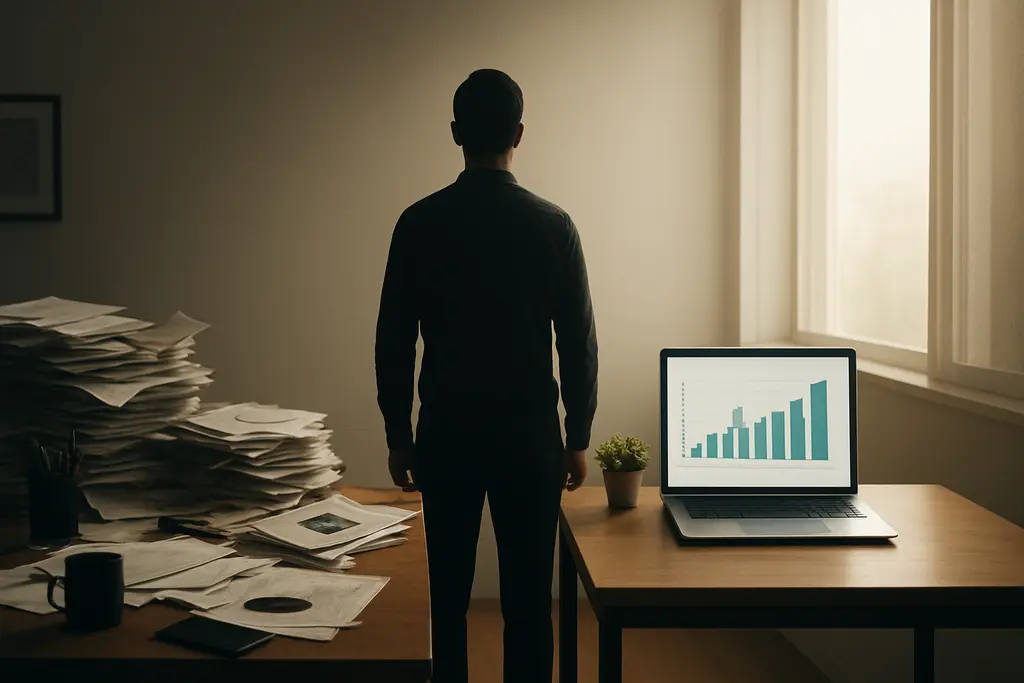 AI productivity tools - A worker moving from a cluttered desk filled with paperwork to a clean, organized workspace