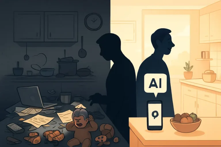 AI task automation - A busy parent transitions from chaos to calm by automating their daily tasks with the help of AI,